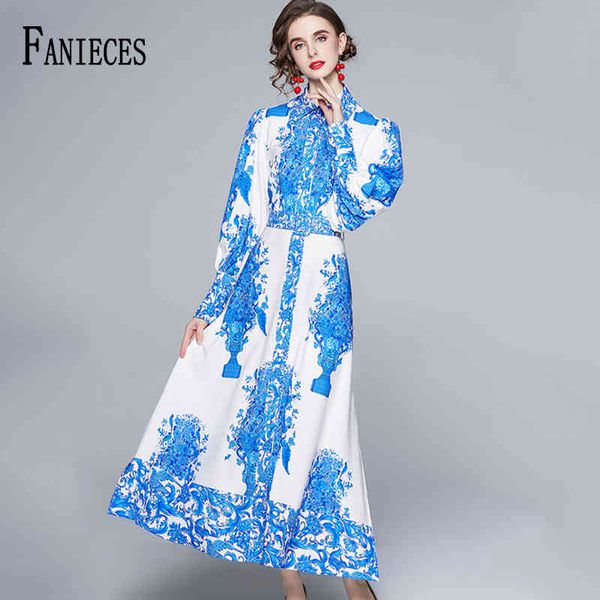 Runway Bohemian Blue Print Dress Single-Breasted Slim A-Line Shirt Robes Maxi Long Designer Vestidos Vêtements pour femmes 210520