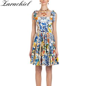 Piste Boho été femmes arc Spaghetti sangle dos nu bleu et blanc porcelaine imprimé fleuri robe au genou 210416