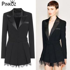 Runway Designer Herfst Winter Lange Mouw Dames Elegant Ol Kant Patchwork Pak Blazer Bovenkleding Playsuits 210421