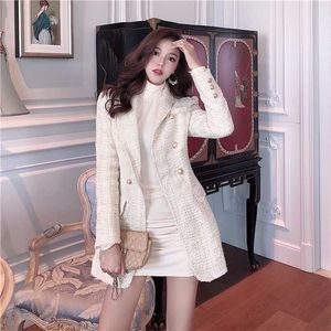 Runway Designer Blazer Dames Double Breasted Metalen Button Lange Mouw Gekleed Kraag Jas Wol Mengsels Tweed Blazer Coat 211106