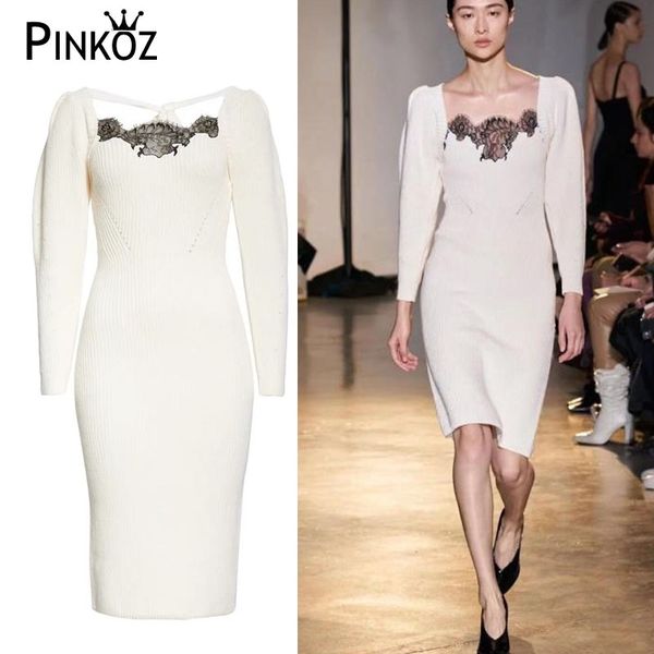 Diseñador de pasarela estilo celebridad tejido blanco delgado bodycon midi vestido para mujeres otoño invierno vestidos de encaje bata vestidos 210421