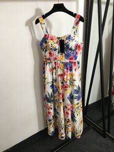 Runway -ontwerper Bloemprintjurk Zomer vrouw Spaghetti -band Midi -jurken Sexy Backless Mouwess Holiday Beach Dress Party Casual Aline Vestidos