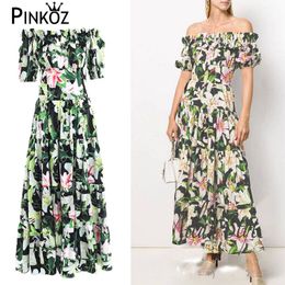 Diseñador de pasarela Lily Flower Impreso Slash Cuello Ruched Floral Maxi A-Line Manga corta Verano Robe de Mujer Vestido Vintage 210421