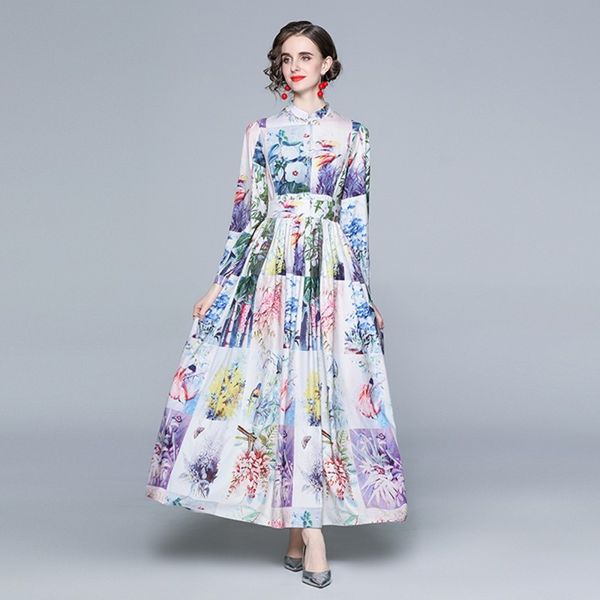 Piste Designer Lion parole longueur Maxi robe printemps femmes col rabattu Hit couleur fleur impression balançoire robe plissée 210514