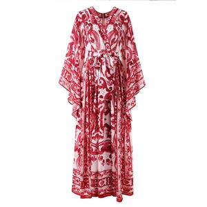 Runway -ontwerper Lange maxi -jurken voor vrouwen elegante Boheemse stijl zijden chiffon jurk batwing mouw vintage vloer lengte feestvakantie jurk Vestidos blauw rood