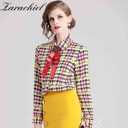 Runway Designer Multicolor Houndstooth Blouse Shirt Dames Lange Mouw Beading Bow Shirts Top Office OL Elegante Blusas Mujer 210416