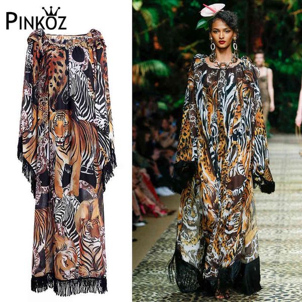 Pista diseñador estilo animal indie folk impresión tassel maxi vestidos sueltos para mujeres playa vacaciones leopardo boho bata verano 210421