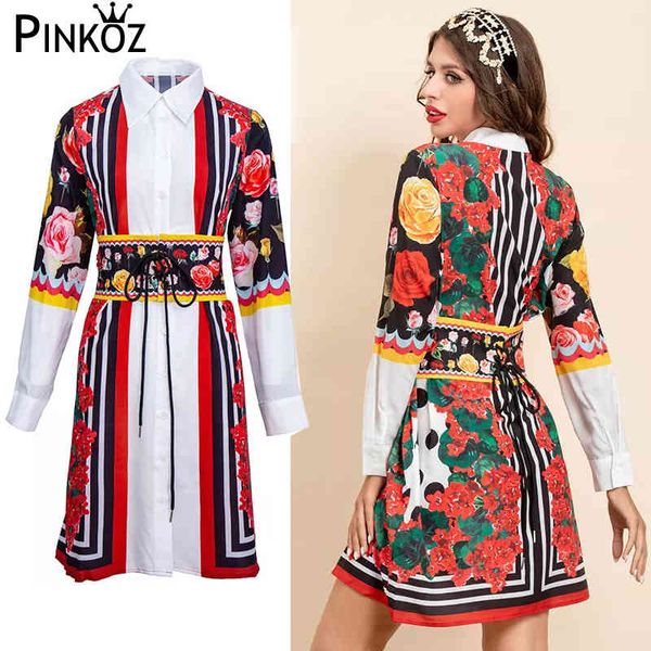 Designer de piste élégant patchwork mini robe pour la fête lâche col rabattu à manches longues ceinture simple boutonnage vêtements 210421