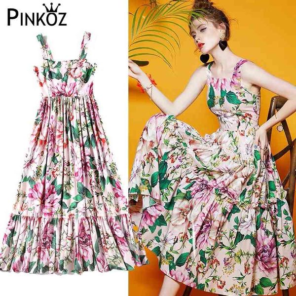 Diseñador de pasarela Vestido de verano para mujer Estampado floral Flor de peonía Vacaciones Correa de espagueti Midi Vestidos Fiesta Cumpleaños Dulce 210421