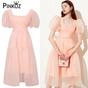 Runway Designer Sweet Young Lady Midi Dress Femmes Mesh Puff Sleeve Summer Party Anniversaire Bow Lace Up dreeses French Chic 210421