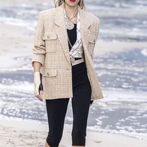 Runway Designer Tweed Wol Jas Jas 2019 Herfst Winter Vrouwen Notched Golden Single Button Small Past Plaid Bovenkleding