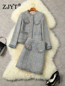 Designer de piste hiver deux pièces robe ensemble femmes rétro gland tweed laine veste et jupe costume élégant fête décontracté tenues vintage