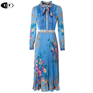 Piste Designer femme robe mi-longue automne femmes élégantes manches longues col nœud dentelle perle imprimer Vintage robes de soirée plissées 201204