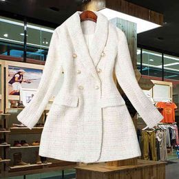 Runway Designer Dames Double Breasted Metal Button Lange Mouw Gekleed Kraag Jas Wol Mengsels Tweed Blazer Coat 210416