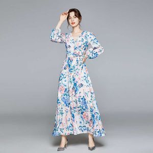 Runway Designer Dames Vakantie Maxi Jurk Herfst Single Breasted Floral Print Lantern Sleeve Swashes Long 210529