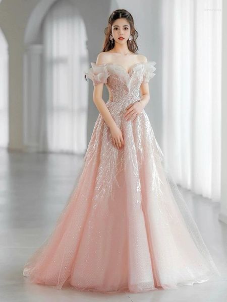 Vestidos de pasarela Línea A, preciosas lentejuelas de celebridades, brillo brillante, hombros descubiertos, tul para mujer, vestidos largos de noche para novia, quinceañera