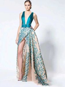 Runway -jurken blauwe hoge split met appliques Deep V nek avondjurken prom jurken hoog laag formele feestjurken op maat gemaakt