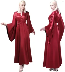 Runway jurken bordeauxe zijde vrouwen gewaad lange mouw sexy nachthemd v nek ruches satijnen slaapkleding badjas pyjama's prom bruidsmeisje shawel