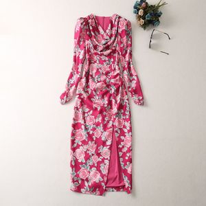 Robes de piste Casual Vêtements pour femmes européennes et américaines Printemps Nouveau manches longues col irrégulier Rose imprimé mode robe fendue xxl