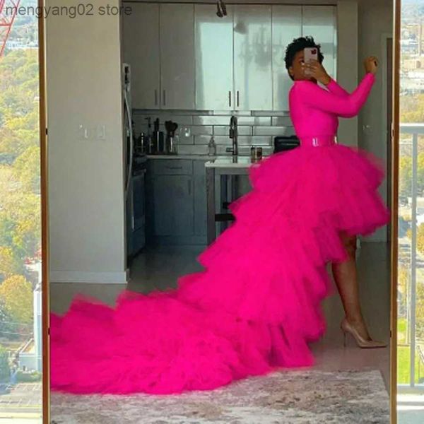 Robes de piste Chic Hot Pink Ruffles Tulle Femmes Jupes Haut Bas Drapé Mariée Tulle Maille Longues Jupes De Mariage De Bal De Soirée Tulle Jupe T231027