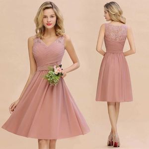 Runway -jurken Dusty Rose Chiffon Lace Bruidsmeisje Jurken Pleit V Neck Short Formal Wedding Evening Party Prom Jurk voor bruid cocktailvestidos T240518