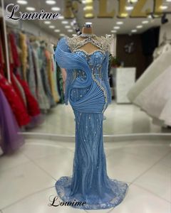 Runway -jurken Est Blue Celebrity Luxury Long Mouwen Formele gelegenheid met kristallen Vestidos de Gala Designer avondjurken