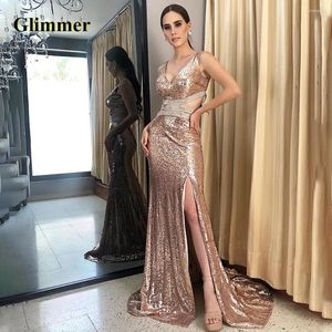 Robes de piste Glimmer sicilines Sequelles Celebrity V Neck Trumpet Tulle Slit Drop Brush Train Vestido de Formatura Personnalisé