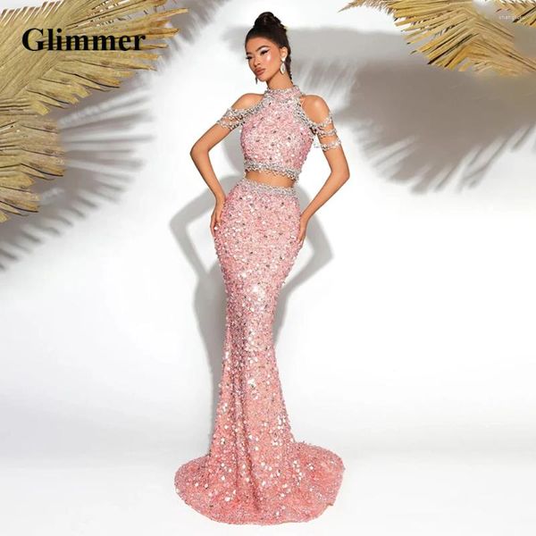 Robes de piste Glimmer Sparkly Col haut Celebrity Hors de l'épaule Strass Balayage Train Pli Robe De Formatura Fabriquée sur commande