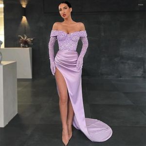 Robes de piste lavande violet brillant dentelle étoile robe de bal sexy épaule dénudée manches longues gants sirène fête soirée formelle