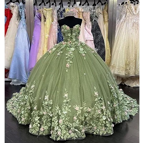 Robes de piste luxe vert Quinceanera 2023 3D Floral robe de bal robe de bal mascarade doux 15 ans anniversaire Graduation