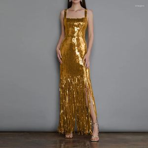 Runway -jurken luxe spaghetti banden beroemdheid gouden pailletten glinsteren Tassel Wedding Ball Prom jurk v elegante formele vestidos