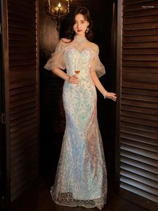 Vestidos de pista Mermaid Sequin Celebrity Bling Breadn Manga Later Beading Luxury Women Fiesta Sexy Long Wedding Gowns de boda