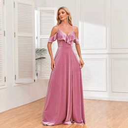 Runway-jurken Nieuwe sexy off-shoulder voorkant kanten ruche spleet lange avondjurk met a-line zoom fluwelen bruidsmeisje feestjurk raad de soire y240426