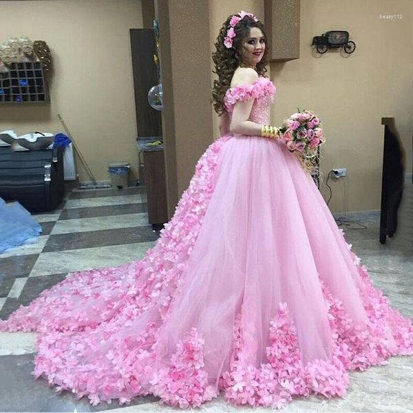 Robes de piste Robe de bal rose Quinceanera Off épaule 3d fleurs gonfy sweet 15 16 robes célébrités robes de fête Graduation