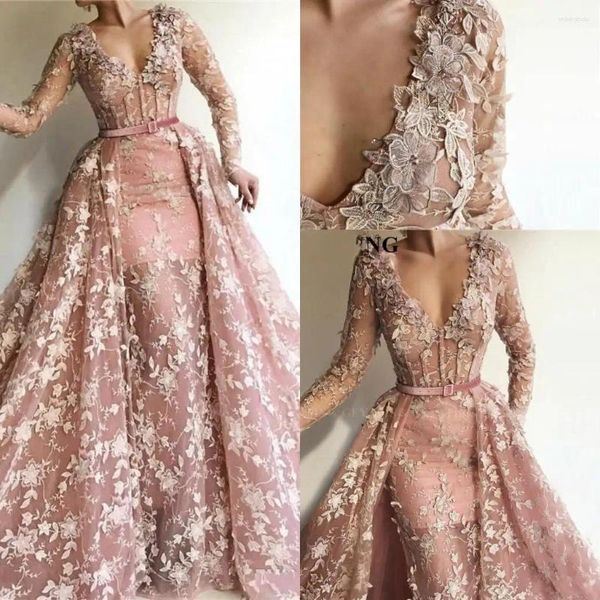 Robes de piste rose col en V dentelle sirène soirée manches longues appliques robes de bal avec train détachable vêtements de cérémonie