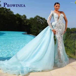 Runway -jurken Prowinea Aantrekkelijke One Shoulder Celebrity -jurk Appliques Lange mouwen Mermaid Tule Sweep Train Vestidos de Festa Custom