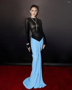 Runway -jurken Putao Dames prom -jurk set half transparant zwart gaas bodysuit gedrapeerd blauwe lange rok 2 stuks voor speciale evenementen