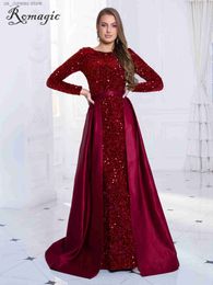 Robes de piste Romagic modeste Stretch paillettes pleine Slve robe de soirée sirène formelle robe de bal détachable train robes élégantes 2024 T240330