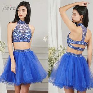 Runway -jurken Royal Blue Cocktail Dress Mini Two Piece Girl Party Dress Black Home Dress Crystal Bead Graduation Dressl2405