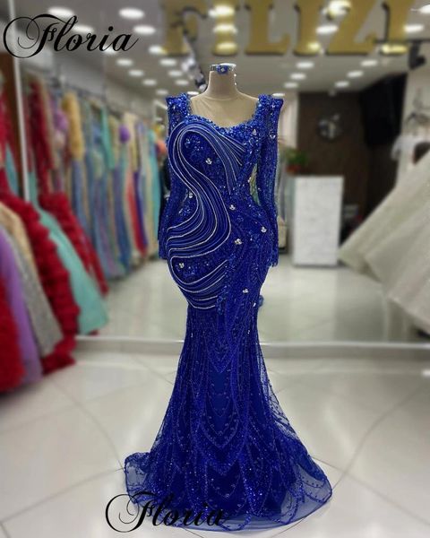 Vestidos De pasarela azul real elegante celebridad sirena cristales mangas completas Vestidos De Noche Pography