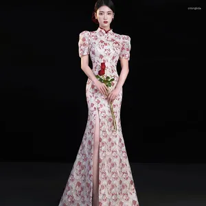 Robes de piste en dentelle senior Cheongsam Prom robe High Necy Puff Sleeves Vintage Long Back sans arche