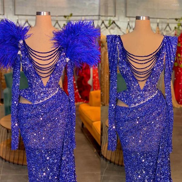 Vestidos de pasarela Elegante sirena azul Prom Lentejuelas brillantes Vestido de noche de plumas Vestido de fiesta de manga larga hecho a medida