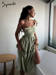 Runway-jurken Syiwidii ​​Beach-stijl Damesjurk Mouwloze zomer losse A-lijn kanten jurk 100% Katoen Backless Italiaanse spaghetti schouderriem sexy jurk T240518