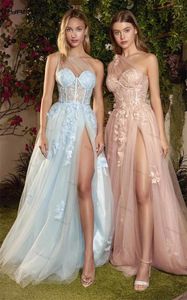 Robes de piste en tulle robe de bal formelle longue corsage à os-sèche un épaule à floral applique jupe jambe à fente gala robe soirée de soirée