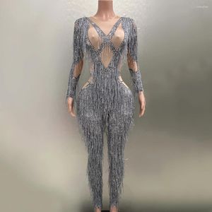 Runway -jurken vrouwen lange mouw sexy bodycon grijze tassel stretch jumpsuit bar danser nachtclub feest performance kostuum podium slijtage