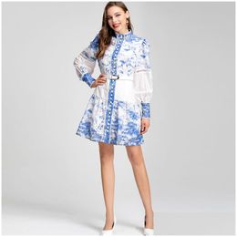 Robes de piste pour femmes collier long manches longues florales imprimées creux de mode décontractée vestime courte vestide