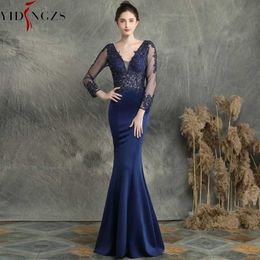 Robes de piste Yidingzs Femmes S à travers Tulle Long Slve Robe Elegant Satin marine bleu Appliques robe de soirée YD16357 Y240426