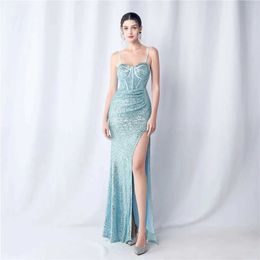 Runway jurken yidingzs dames strap feest maxi jurk sexy blauwe pailletten avondjurk long prom jurk 31163 y240426