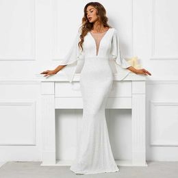 Runway jurken yidingzs vrouwen witte pailletten jurk lange prom jurk v nek avondjurk elegant feest maxi jurk y240426