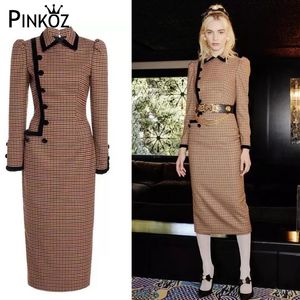 Runway Elegant Plaid Turn Down Colla Herfst Winter Tops Lange Mouw Potlood Midi Dress Office Lady Buttons Hoge kwaliteit 210421